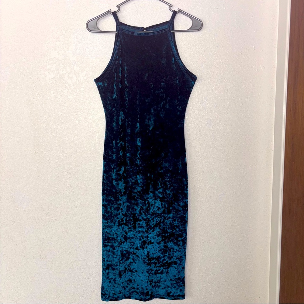 Medium Blue Velvety Spaghetti Strap Dress